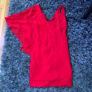 Bebe  Red dress with Asymmetrical sheer overlay